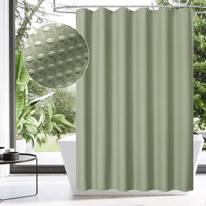 MitoVilla Extra Long Shower Curtain 72 x 84, Sage Green Waffle Fabric 84 inch Shower Curtain, Farmhouse XL Shower Curtains for Bathroom Decor, Luxury Weighted Shower Curtain 84 inch