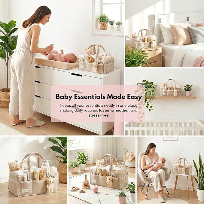 PeraBella Diaper Caddy Organizer with Handle, Baby Shower Gifts Basket Bag, Registry Search Must Haves Items, Nursery Storage Organizer for Newborn Girl Boy, Baby Bag Essentials, Car Diaper Caddy Cart