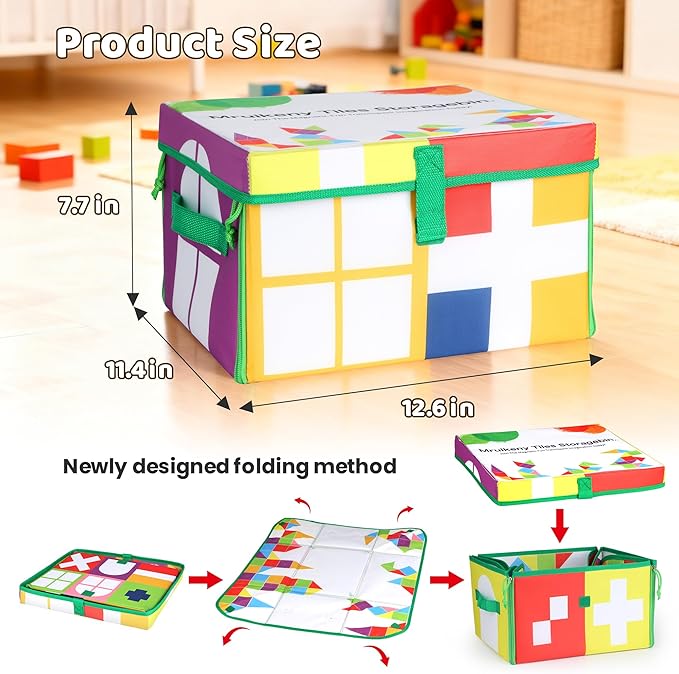 Magnetic Tiles Storage Bin & Interactive Playmat - Foldable Toy Organizer for Magnetic Tile, Portable Kids Storage with Handles,12.6x11.4x7.7inPlay Space for Home,Travel,Classroom,Outdoor Adventures