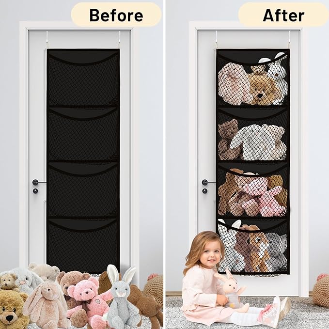 Ofiray-home Over The Door Stuffed Animal Storage, Cotton Toy Organizer for Storage Plush Toys, Stuffed Animal Holder with 4 Large Pockets, Hanging Door Organizer for Nursery, Bedroom (Black)