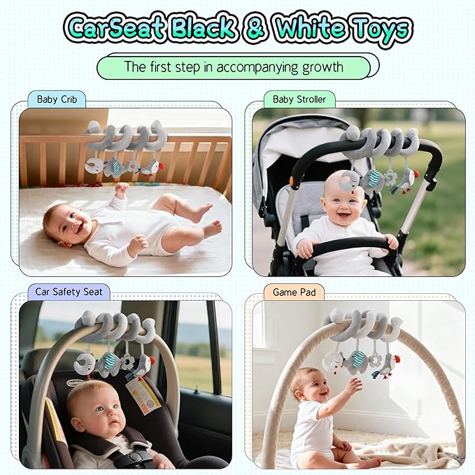 FPVERA Car Seat Toys for Babies 0-6 Months: Travel Baby Toy for Soft Hanging Toys for Carseat, Spiral Stroller Activity Toy Plush for Infant Boys Girls, Grey Elephant