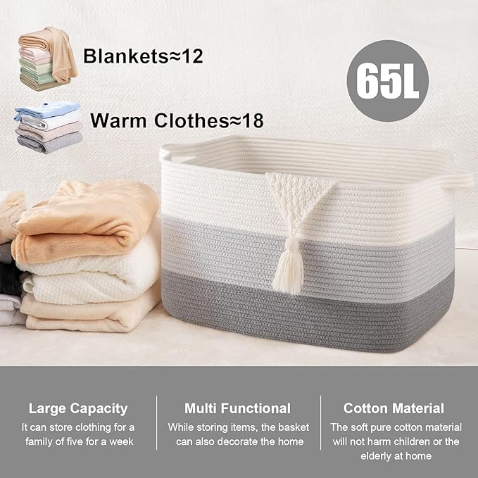 SIXDOVE 65L Large Storage Basket, Cotton Rope Woven Blanket Basket, Toy Storage for Baby Room, Living Room, Gradient Grey