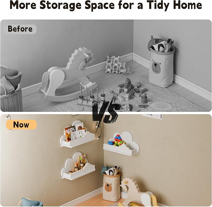 Cloud Shelves for Kid’s Room, 13’’ Long Nursery Wall Deor Set of 3, White Cloud Bookshelf Floating Shelf, Figure Shelf Wall Mounted, Cute Decorative Cloud Wall Shelf for Toys, Plants & Storage