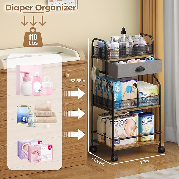 3-Tier Baby Diaper Caddy Cart Organizer with Drawer,Rolling Utility Cart & Bedside Nursery Essential Storage for Newborn Baby Stuff, 2+1 Divider, Baby Storage Organizer for Bedroom,Changing Table,Grib