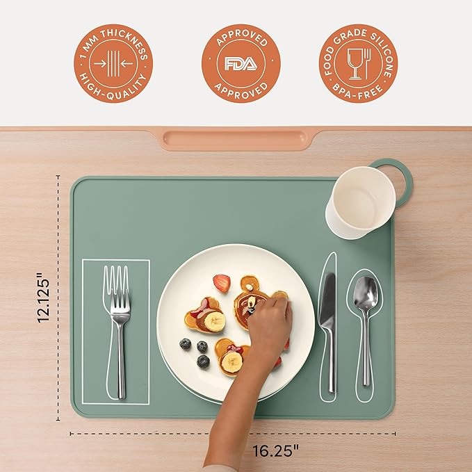 Kids Silicone Montessori Placemat for Toddlers | Children Plate Mat for Dining Table Setting | by Fire Rooster Kids (Green, 2)