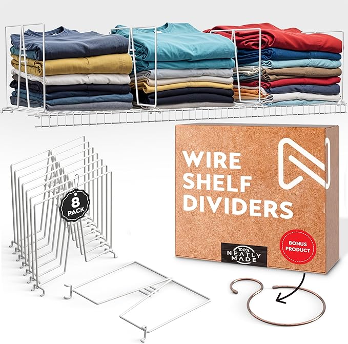 Tall White Wire Shelf Dividers for Closet Organization – Sturdy and Easy Set-Up Closet Shelf Dividers with Bonus Rose Gold Hanger (12 inch Wire Shelves, 16-Pack)