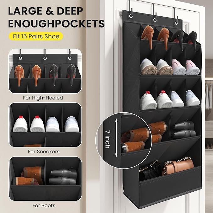 Mefirt Over the Door Shoe Rack with Large Deep Pockets, Door Shoes Organizer for Closet, Hanging Boots Shoe Rack, Behind the Door Narrow Shoe Holder, Multiple Pockets for Flexible Storage, Black ﻿