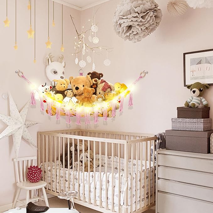 CERETIA Stuffed Animal Hammock with LED Light, Large Stuffed Animals Storage Corner Plushie Net for Kids Room Decor, Pink