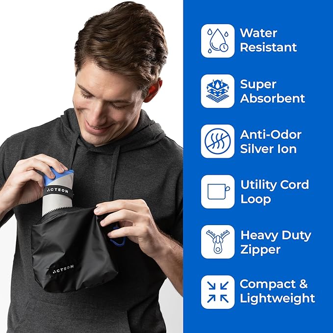 Acteon Wet Dry Travel Bag, Splash Water Resistant & Heavy Duty Zipper Reusable Bags, Small Pocket-Friendly Pouch, Pool & Gym - Large Quick Dry Silver ION Odor-Free Mega Absorbent Fiber (Current)