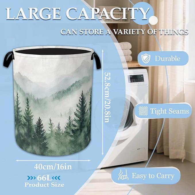 Misty Forest Large Storage Basket Collapsible Laundry Basket Oxford Storage Bin for Toy Bins Gift Baskets Bedroom Clothes Children Nursery Hamper 16" X 20.8"