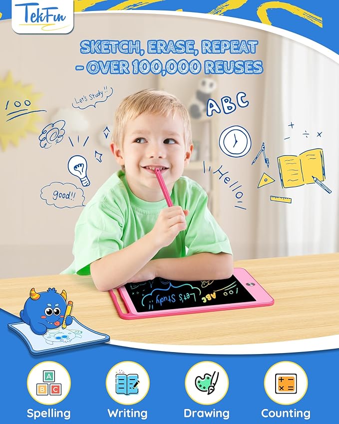 TEKFUN LCD Writing Tablet Kids Toys, 10inch Colorful Doodle Board Kids Travel Learning Toys Drawing Tablet, Birthday Gifts Presents for 3 4 5 6 7 Year Old Girls Boys (Pink)