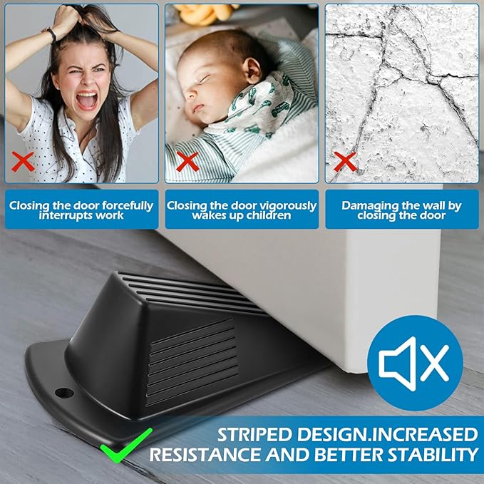 8 PCS Large Rubber Door Stoppers, Heavy Duty Non-Slip Wedge Rubber Door Stoppers Tall up to 2 Inch Hotel Carpet Hardwood Concrete and Tile Stackable Black 6.2 X 3.4 X 2 Inches
