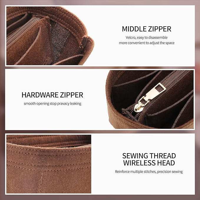 Premium Felt Purse Organizer Insert, 7 Compartments with Removable Zipper Pocket | Small Purse Organizer Fits LV Speedy 20, Noé BB, Mini Ophidia Tote, Groove 20 & More Bag Organizer Insert (Brown)