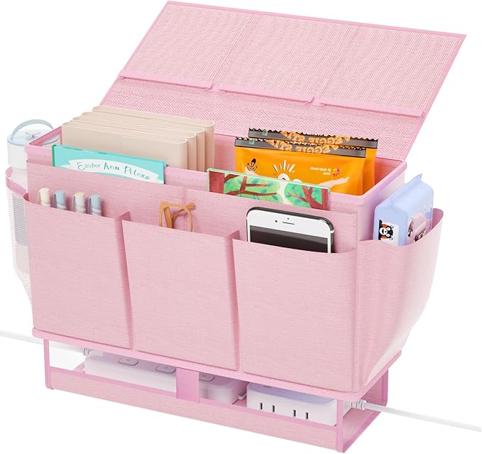 Bedside Caddy Bedside Organizer,Bed Caddy with 11 Pockets and Power Strip Holder,Versatile Bedside Storage Caddy for Home,Dorm,Bunk,Hospital,Crib Bed (Pink)