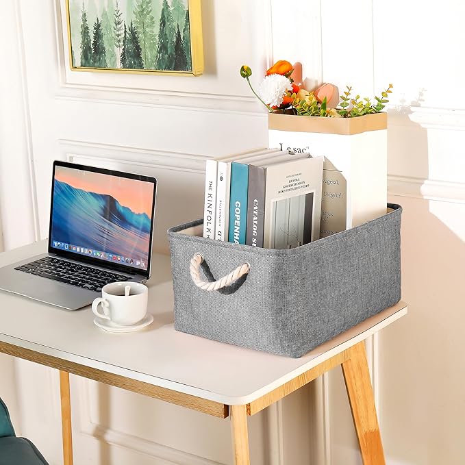 LordCom Storage Bins with Sturdy Cotton Handles(1 Pack), Fabric Storage Baskets for Organizing use for Office & Home, Book, Clothes, Toys, Closet Boxes (Large, Grey, 15.7x11.8x7.9 inches)