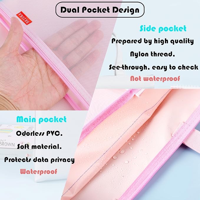 BRZUKA Mesh Zipper Pouch 11x13.7 in, A4 Double Pocket Waterproof File Bag with Handle, Document Storage for School/Travel/Office/Puzzle (Pink, 2pcs)