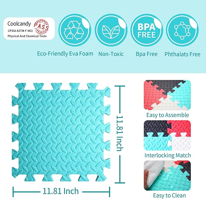 Coolcandy Baby Foam Play Mat 16Pcs with Edge Strips, 4 Colors Interlocking Floor Tiles, 0.4″ Thickened Non-Slip Puzzle Floor Mat for Infants Toddlers Playroom & Daycare