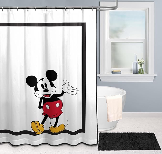 Jay Franco Disney Mickey Mouse Fabric Shower Curtain - Kids Classic Black and White Bathroom Décor