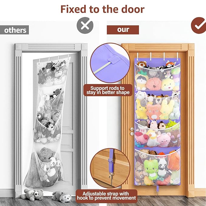 Woodoulogy Hanging Stuffed Animal Storage, Over Door Large Plush Toy Organizer with Metal Hook, Baby Accessory Holder Idea for Nursery, Doll & Bear Mesh Hammock Bag for Girl Boy Kid Room
