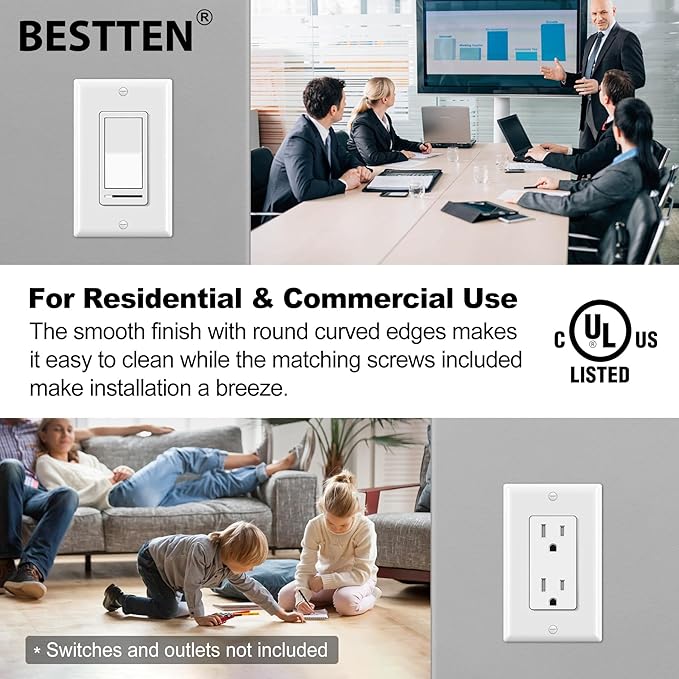 BESTTEN 20 Pack Receptacle Wall Plate, 1-Gang Standard Size Decorator Outlet and Switch Cover, Unbreakable Polycarbonate, H4.53” x W2.76”, UL Listed, White