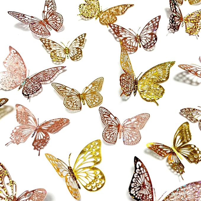 JOSDIOX 3D Reflective Dot - Patterned Gold & Gold Rose Butterfly Wall Stickers - 24 Pcs with 4 Styles & 3 Sizes, Removable Decor for Party Birthday Wedding Cake Balloon Decoration (Golden/Rose)