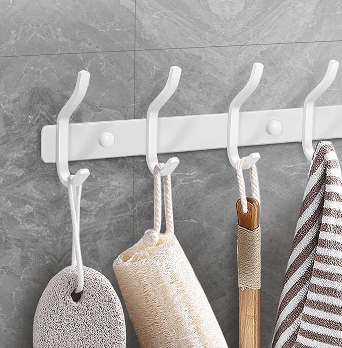 HAMUTH White Wall Hooks Heavy Duty, 12 Inch Coat Hooks Wall Mount with 4 Hooks, 2 Packs Wall Hooks Hangers for Entryway, Bathroom - for Hanging Backpack, Bag, Coat, Purse, Hat, Towel, Clothes