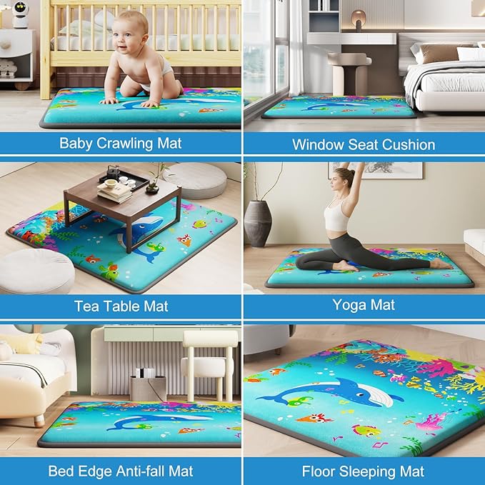 1.3" Thick Baby Play Mat for Floor, Elasti-Foam 71x59 Playpen Mat, Water Repellent Ultra Soft Coral Velvet Tummy Time Crawling Mats for Kid Toddlers Infants, Non-Slip Backing Safe for Crawling Ocean
