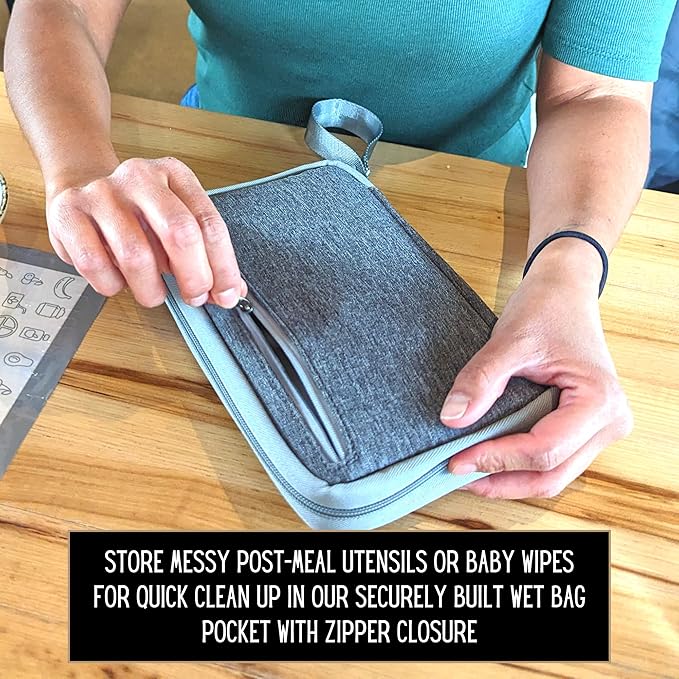 THEO'S Baby Led Weaning Supplies Clutch - Fits Mealtime Essentials and Includes Utensils Loops, Wet-Bag for Baby Wipes or Dirty Items, & Storage for Bibs & Disposable Mats for Under High Chair