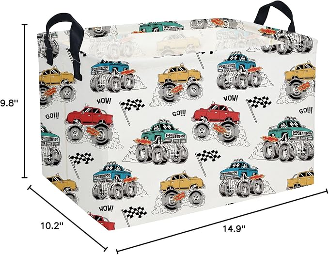 Essme Rectangular Monster Truck Baskets Boys Basket,Kids Storage Bins with Handles for Car Decor, Racing Storage Bin（Monster truck）