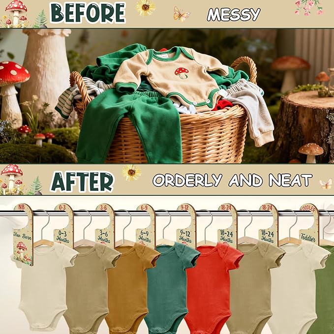 Baby Closet Dividers 8PCS, Mushrooms Themed Wooden Double-Sided Clothes Size Hanger/Organizer from Newborn to Toddler for Nursery Decor Baby Shower Birthday Gender Reveal Party Gift