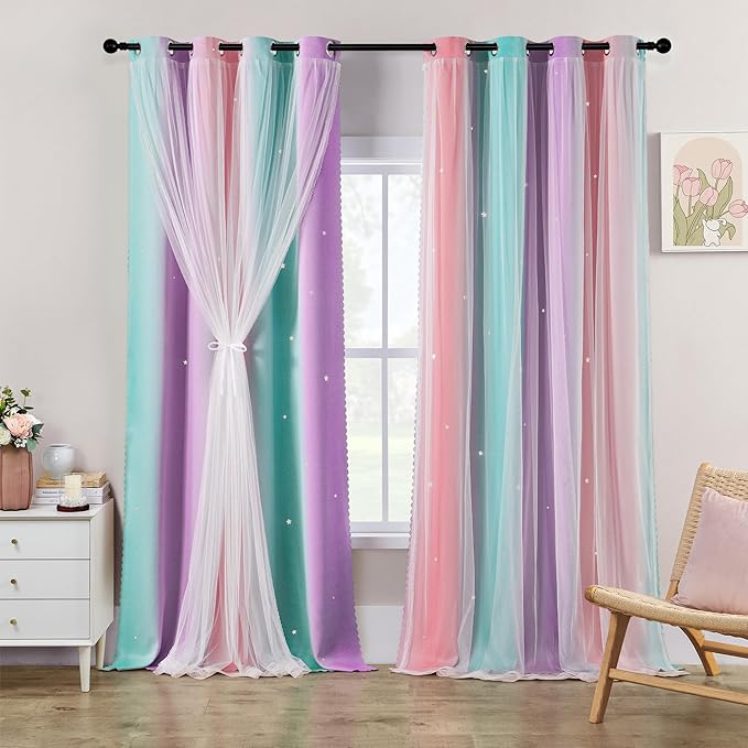 XiDi Girls Blackout Curtains 120 Inches Long for Bedroom, Room Darkening Grommet Window Ombre Curtains 2 Panels, Kids Unicorn Princess Theme Decor Colorful Rainbow Design Pink Purple Green 52Wx120L