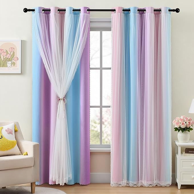 XiDi 100% Blackout Curtains with Sheer Overlay 84 Inches Long 2 Panels for Girls Bedroom Living Room Rainbow Pink Purple Blue Double Layer Curtains for Kids Nursery Unicorn Princess Grommet W52 x L84