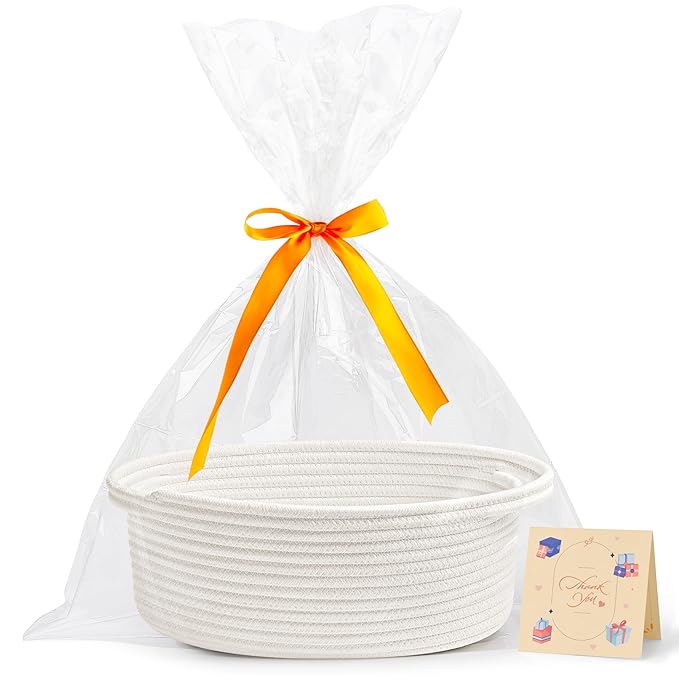 Pro Goleem Small Woven Basket with Gift Bags and Ribbons Durable Baskets for Graduation Gifts Empty Small Rope Basket for Storage 12"X 8" X 5" Baby Toy Baskets with Handles, White