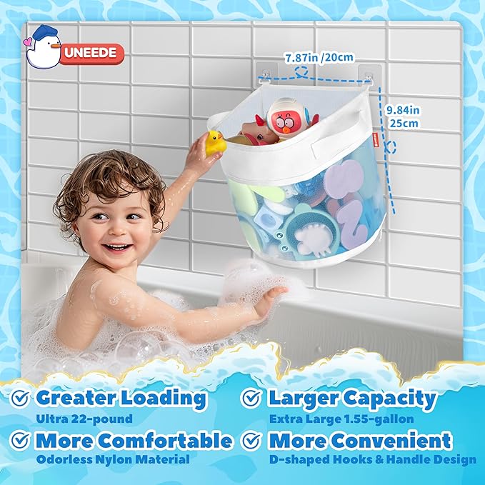 UNEEDE Bath Toy Organizer,1.55 Gallons Bathtub Toy Storage Organizer,Quick Access Bath Toy Holder For Bathtub,Baby Organizer And Storage,Quick Dry Baby Bath Toy Storage For Tub,Mesh Shower Caddy(Blue)