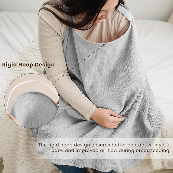 Konssy Muslin Nursing Cover for Baby Breastfeeding, Breathable 100% Cotton Breastfeeding Cover with Rigid Hoop for Mother Nursing Apron, Multi-use Carseat Canopy (Grey)