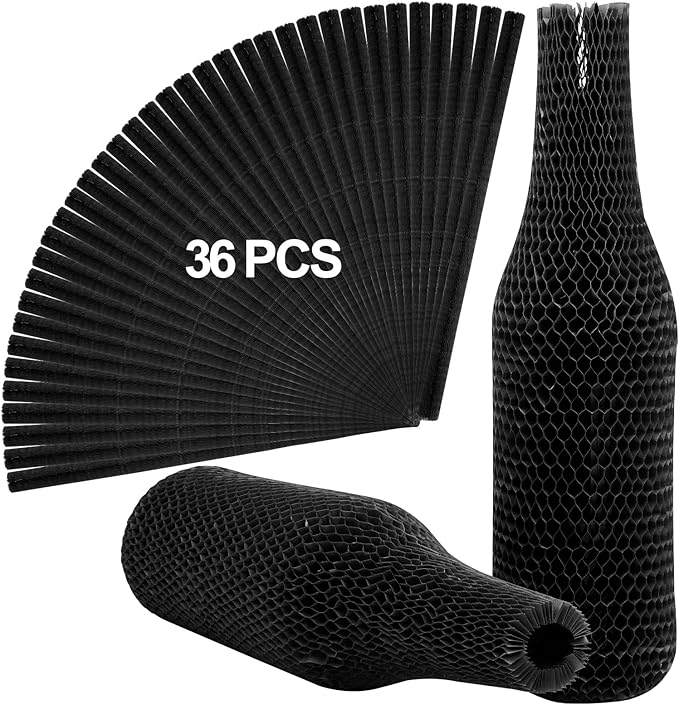 Black Wine Bottle Protector Sleeves by Honeycomb Paper,36 Set Reusable Glass Liquor Bottle Sleeves for Airplane Travel,Transport,Camping-Proof Hardened Safety and Impact Resist