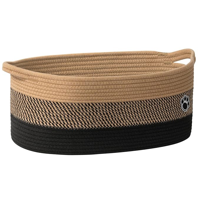 Large Dog Toy Basket, 19.7" X 11" X 7.9" Woven Rope Basket with Handles, Cat Dog Toy Storage Box for Living Room, Gift Baskets for Baby Shower, Black-Brown