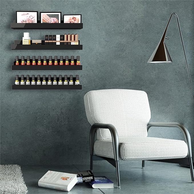 RORKIM 8 Pack 15 Inch Black Acrylic Shelves, Black Kids Floating Bookshelf for Kids Room, Modern Nail Polish Rack Sunglasses Essential Oil Picture Ledge Display Toy Storage Wall Shelf
