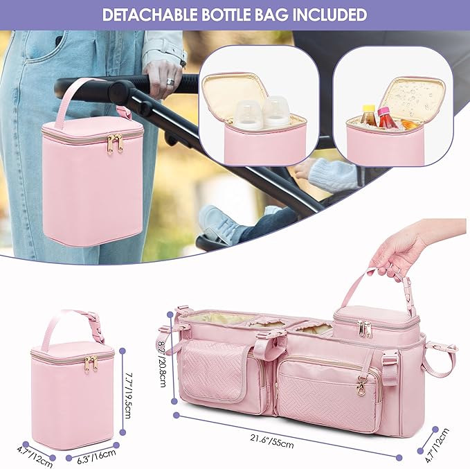Double Stroller Organizer Compabitle with BOB Duallie and Baby Jogger City Mini GT2 Double Stroller, Double Parent Stroller Caddy Organizer with Cup Holder and Cooler Bag, Pink(Empty Bag)