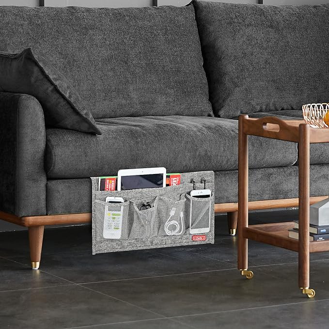 Linen 6 Pockets Bedside Caddy, Bedside Storage Organizer for Magazine, Remotes, Phone (Grey)