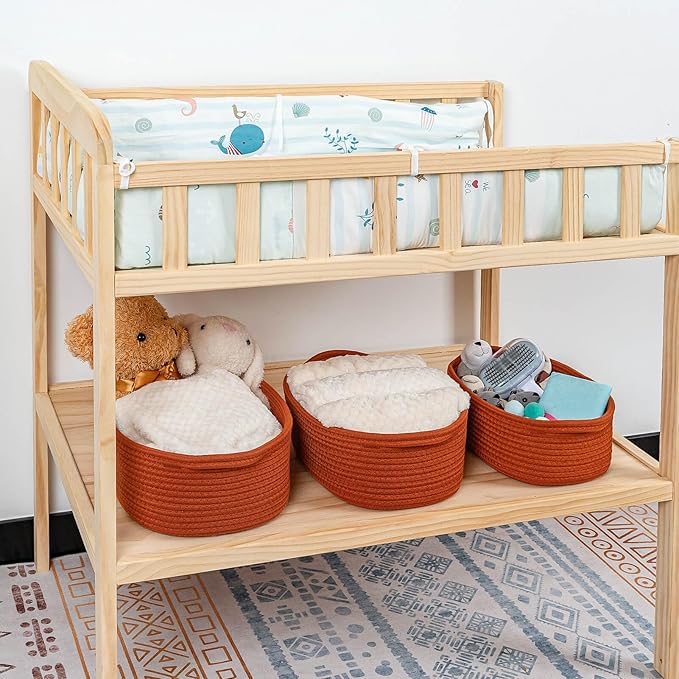 CubesLand Small Cotton Rope Storage Basket Set 5, Shelves Baskets for Organizing with Handle, Decorative Closet Storage Bins for Countertop Toilet Paper Basket for Toilet Tank Top,Rust Basket