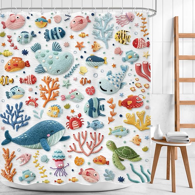 Kids Ocean Printed Shower Curtain 60Wx72H Print Funny Whale Cartoon Cute Underwater Coastal Fish Sealife Animal Coral Turtle Bathroom Decor Boy Girls Bath Curtain Fabric Polyester 12 Pack Hooks