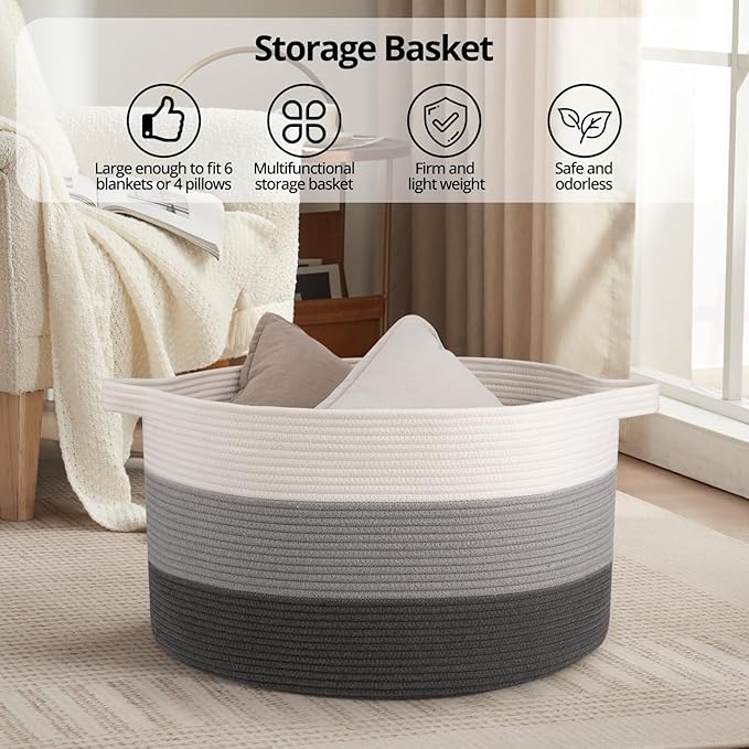 OIAHOMY 90L Blanket Basket for Living Room, Large Basket 23" x 23" x 13" with Handle, Laundry Hamper for Blankets, Pillows, Toy Storage for Kids, Dogs - Gardient Dark Grey