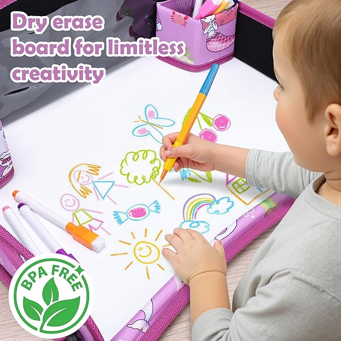 Kids Travel Tray for Toddler Carseat, Road Trip Activities Essentials, Kids Lap Desk Tray with Tablet Holder Stand and Dry Erase Board, Mermaid