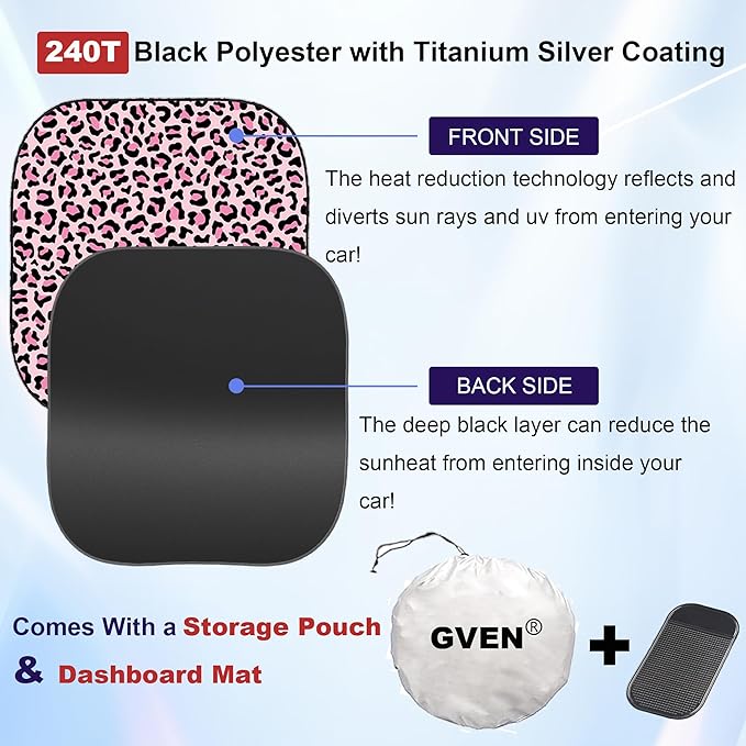 GVEN Windshield Sun Shade Car Sunshade Truck Accessories Large-Size Front Window Shades Windshield Cover Visor for Full-Size MPVs, Vans, Trucks, SUVs, Tesla (Pink Leopard, L)