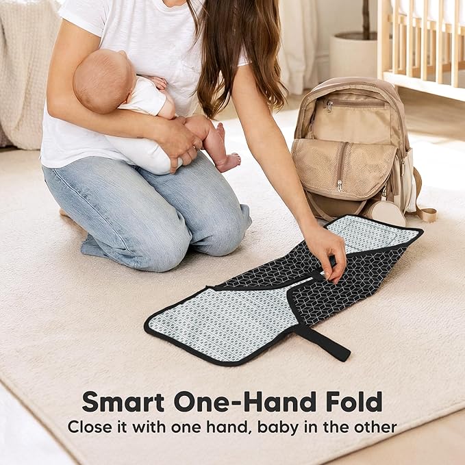 KeaBabies Portable Changing Pad for Baby, Travel – 26 x 21 Wipeable, Waterproof, Foldable Baby Diaper Changing Mat for Diaper Bag, Caddy, Car, Bed, Newborn, Compact Changer Mat Station (Black Geo)