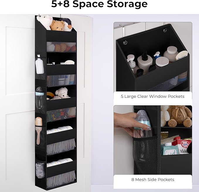 GRANNY SAYS Over The Door Organizer, 5-Shelf Waterproof Behind Door Storage with 8 Pockets and Clear Window, Anti Tilt 45bl Large Capacity Hanging Shelf for Baby Diapers, Toys Organizer, Black