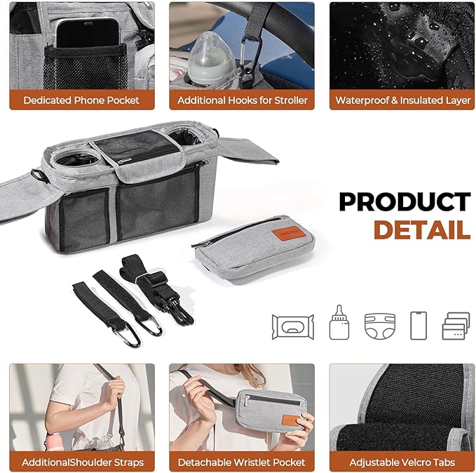 WUUTER Stroller Organizer with Cup Holder Detachable Wristlet Large Capacity Baby Stroller Bag for Mom, Fits Uppababy, Baby Jogger, Britax, BOB, More (Grey)