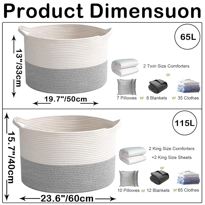 Large Storage Basket with Handle,19.7" L x 19.7" W x 13" H Blanket Basket Storage Bins for Organizing,65L Cotton Rope Woven Baskets for Living Room, Nursery,Bedroom,White&Grey