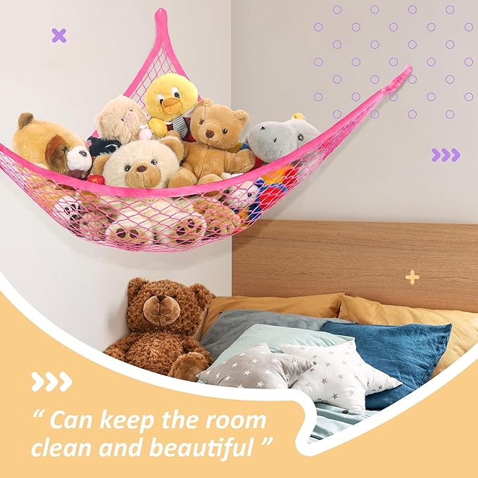 Lazebox Stuffed Animal Net Hammock for Plushie Toys, Stuffed Animal Hammock Corner for Kids' Room Decor, Ideas for Organizing Stuffy Collection, Pink, L (67" x 40" x 40")-Pack of 2